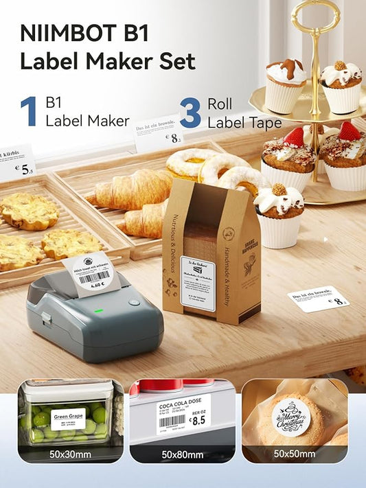 NIIMBOT B1 Label Maker, Bluetooth Portable Thermal Printer Machine with Large Waterproof Tape and Multiple Templates for Small Business,Office,Home,School, 2 Inch (Blue, 1 Printer+3 Roll Label)