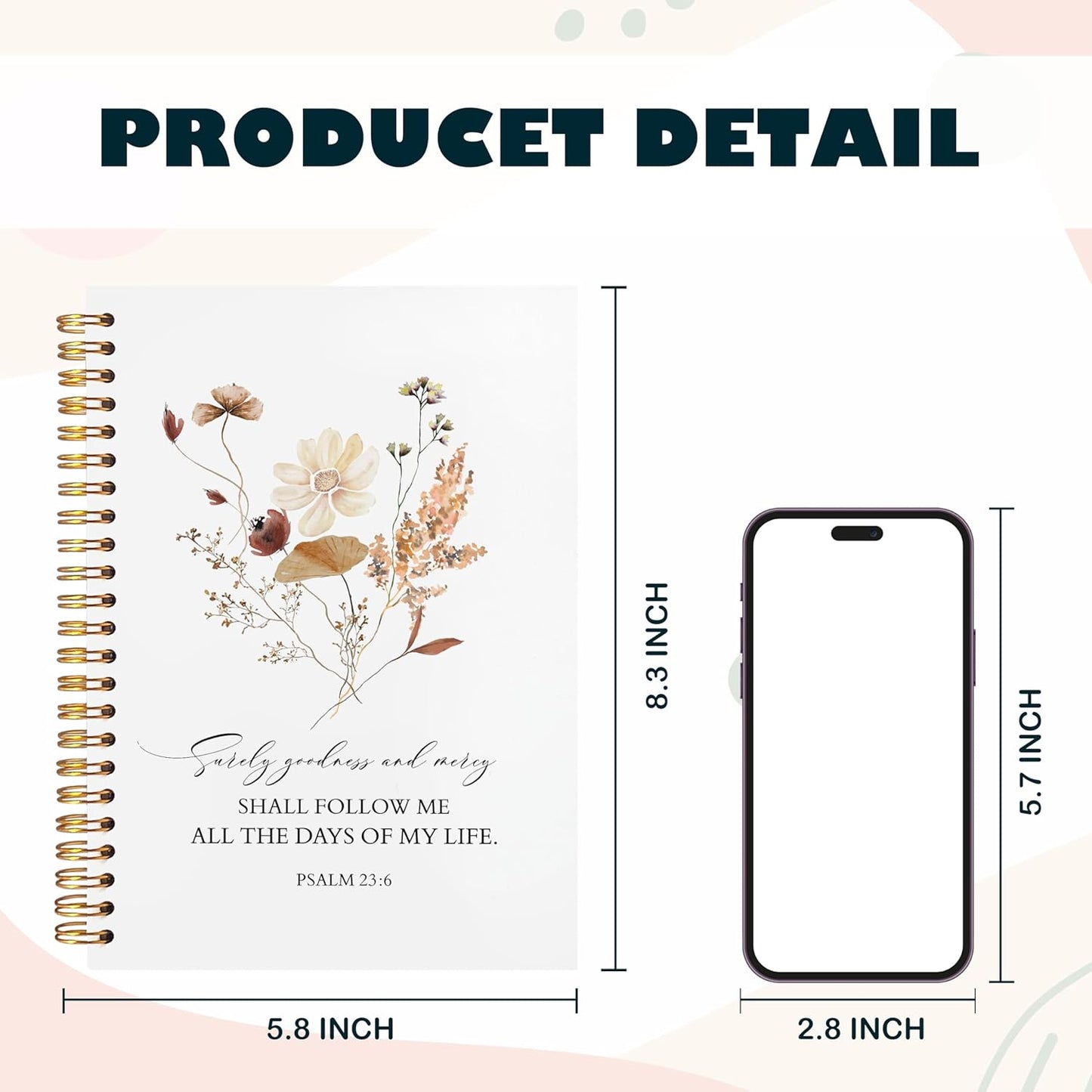 BearCake Floral Christian Notebook Journal, Christian Gifts for Women, Bible Notebooks for Note Taking, Bible Journaling Notebook, Surely Goodness and Mercy Hardcover Spiral Notebook 5.5x8.3