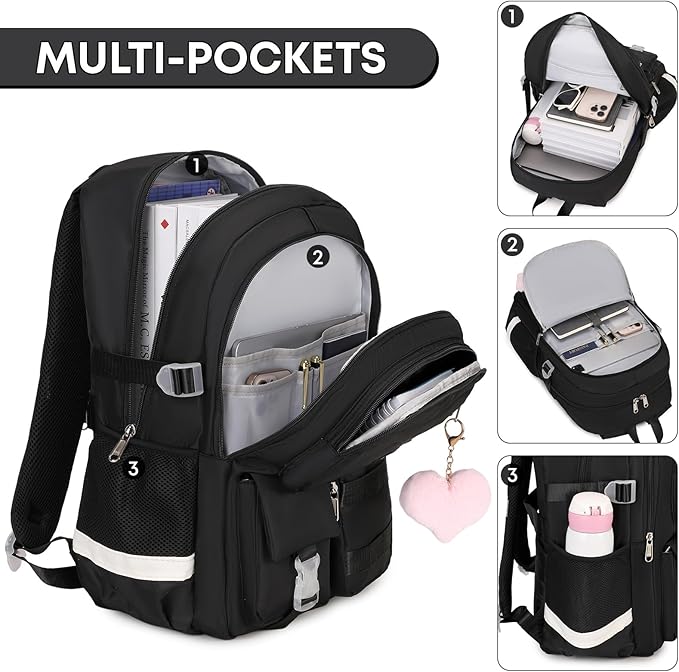 3PCS Student Backpack For School Women College Middle High Teen Girls Bookbag Waterproof Laptop Bag Black