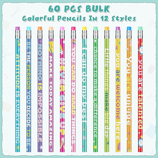 60 Pcs Motivational Pencils Bulk, Rainbow Inspirational School Pencils for Classroom, Cute Pencil with Encourage Positive Sayings, Back to School Supplies for Kids Student Teacher Classroom Reward