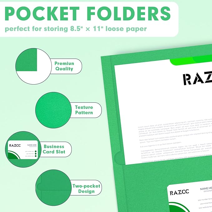 Two Pocket Folders, RAZCC 50 Pack 2 Pocket Folders Fit Letter Size Paper, Paper Folders with Pockets for School Office Business Home, Green