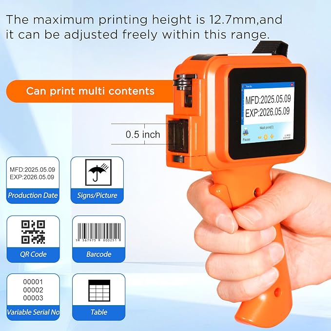 Handheld Inkjet Printer with 42ml Quick-Drying Ink Cartridge, 0.5 Inch Nozzle Ink Jet Coding Machine for EXP Date/Batch Number/QR Code/Barcode/Logo/Text (ZM-C12mini) (Orange)