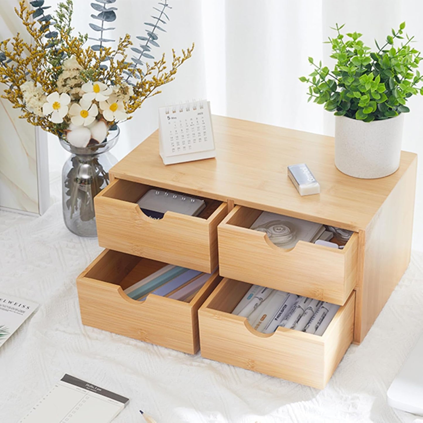 Bamboo Desk Organizer 4 Drawers, Countertop Organizer with Drawers Makeup Storage Drawer 4 Drawers Tabletop Storage Organization Box Home Office Workspace
