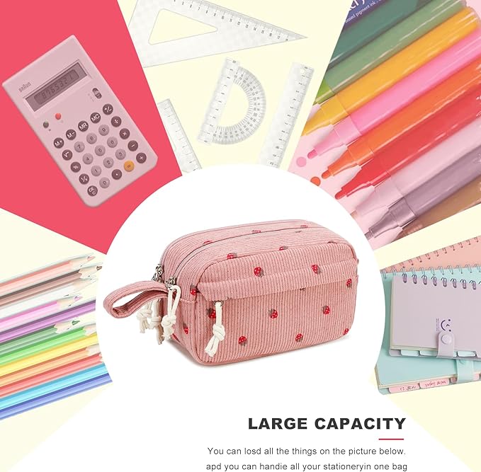 Bluboon Large Capacity Pencil Case Pen Pouch for School Supplies, Teens, Girls, Boys, Women & Men, Durable Multi-Purpose Organizer (Strawberry Pink2)