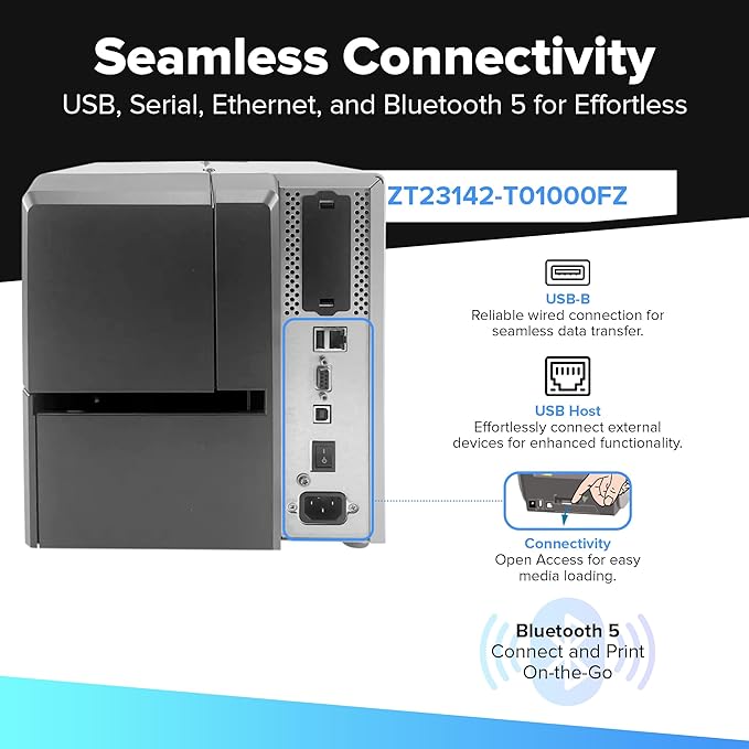 Zebra ZT231 (Zebra ZT230 Replacement) | Thermal Transfer & Direct Thermal 203 DPI | ZT23142-T01000FZ | USB, Serial, Ethernet, Bluetooth Connectivity, Tear Bar