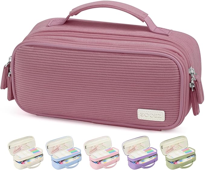Sooez Large Pencil Case Pouch, Soft Corduroy Pencil Bag with Handle, Cute Pen Case, 5 Compartments, Wide Opening Pen Pouch Organizer with Zipper, Aesthetic School Supplies for Girls Women, Dark Pink