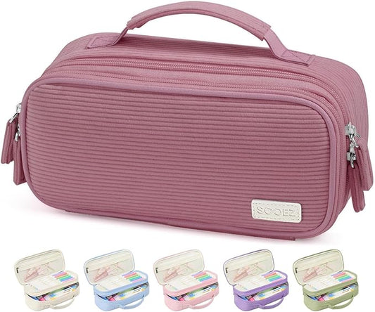 Sooez Large Pencil Case Pouch, Soft Corduroy Pencil Bag with Handle, Cute Pen Case, 5 Compartments, Wide Opening Pen Pouch Organizer with Zipper, Aesthetic School Supplies for Girls Women, Dark Pink