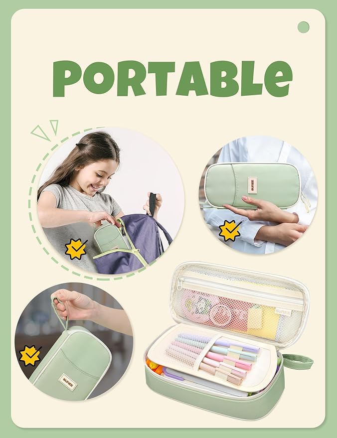 SUNEE Cute Pencil Case, Aesthetic Pen Pouch, Colored Large Pencil Bag with Zipper, Kawaii Stationery Storage and Organizer, Green School Supplies for Teen and Adult Girls