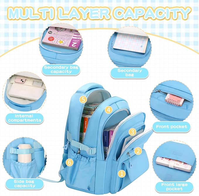 Cute Backpack for School Teen Girls Blue Bookbag Aesthetic Womens Travel Book Bags for School Kids Student Back Packs