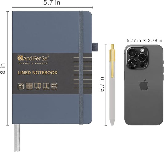 A5 Lined Leather Journal and Pen Set, Hardcover Notebook with Pen, 160 Pages 100gsm Thick Ruled Paper for for Women Men Work Business School or Home Writing, 5.7'' x 8'' (Dark Blue)