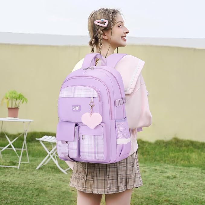 3PCS School Backpack For Student Women College Middle High Teen Girls Bookbag Waterproof Laptop Bag Plaid Purple