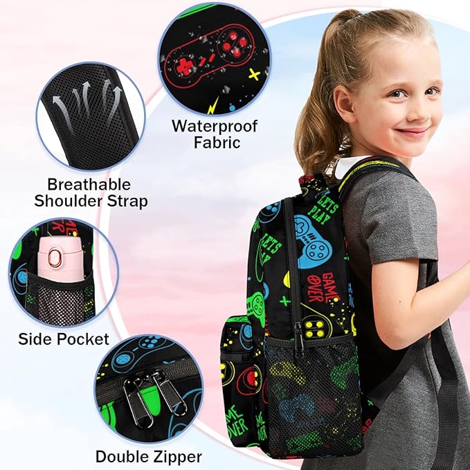 Kids Backpack for Boys Girls - School Bags for Primary Middle High School College Waterproof Casual Daypack Bookbag Lightweight Laptop Travel Backpack (Colorful Video Game)