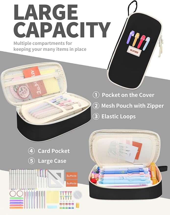 SUNEE Cute Pencil Case, Aesthetic Pen Pouch, Colored Large Pencil Bag with Zipper, Kawaii Stationery Storage and Organizer, Black School Supplies for Teen and Adult Girls