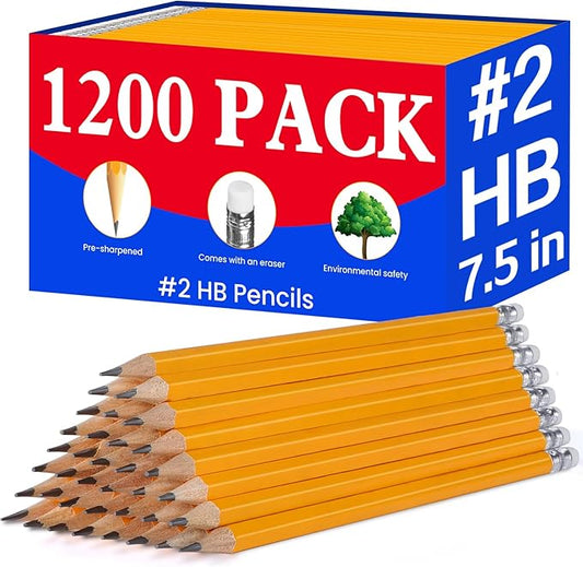 Pencils Pre-Sharpened #2 Pencil with Erasers, Yellow,7.5in 1200 Pack