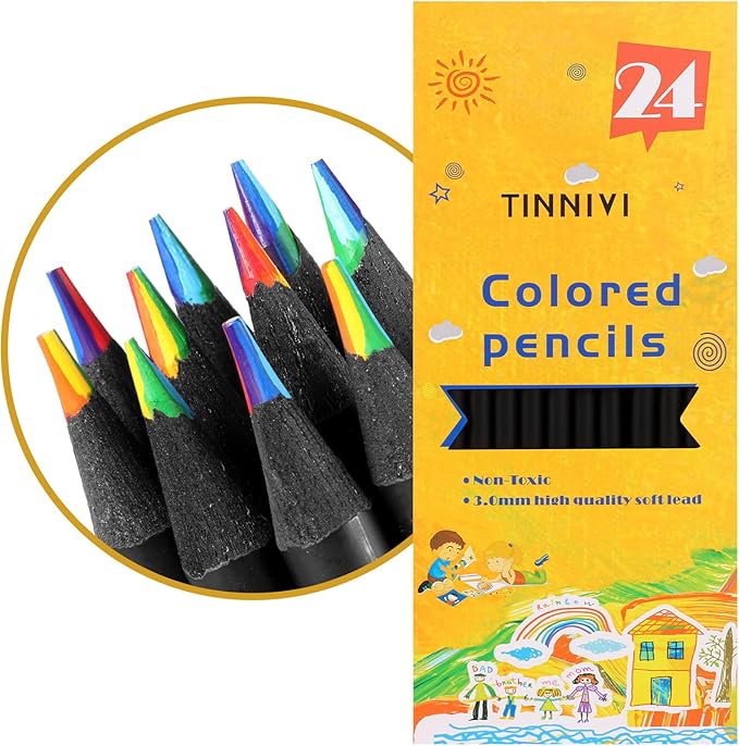 TINNIVI Art Supplies for Kids, 7 Color Black Wooden Rainbow Colored Pencils, Pre-sharpened, Multicolored Core, with Sharpener, for Coloring Books, Drawing, Sketching, 24pcs