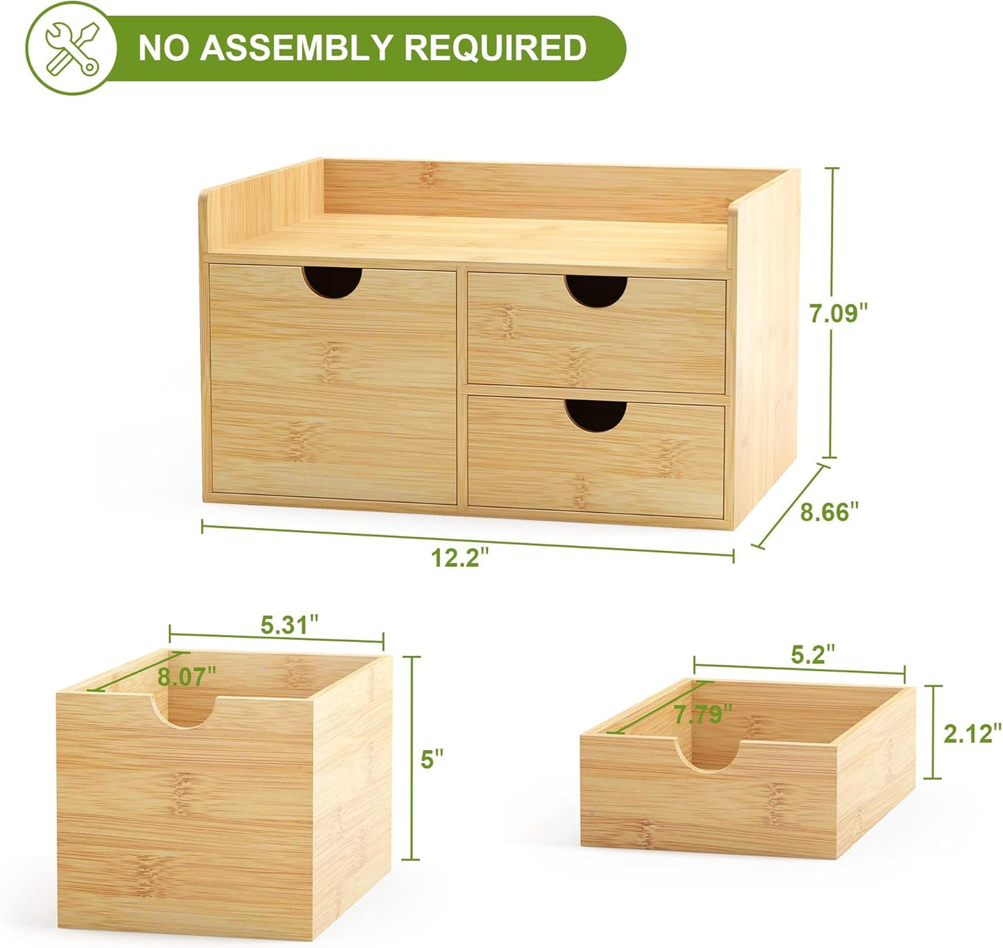 Wisuce Bamboo Desk Drawer Organizer, 3 Drawer Desktop Organizer with Drawers Tabletop Storage Organization Box for Office Home Toiletries Supplies Vanity, No Assembly Required