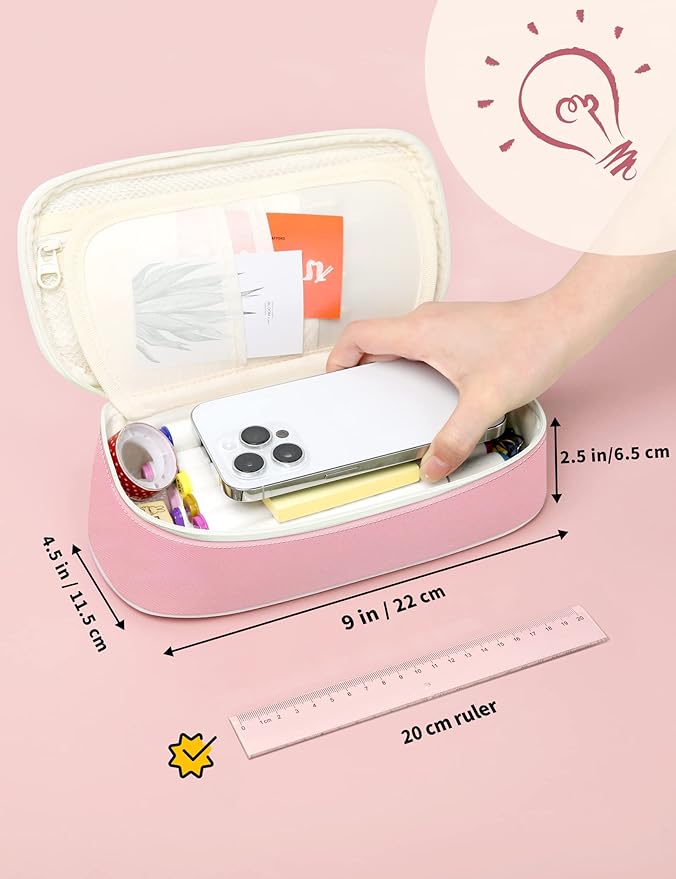 SUNEE Large Pencil Case, Cute Pen Pouch, Aesthetic Zipper Stationery Bag Large Capacity Kawaii Pen Organizer, Pink, Bag Organiser