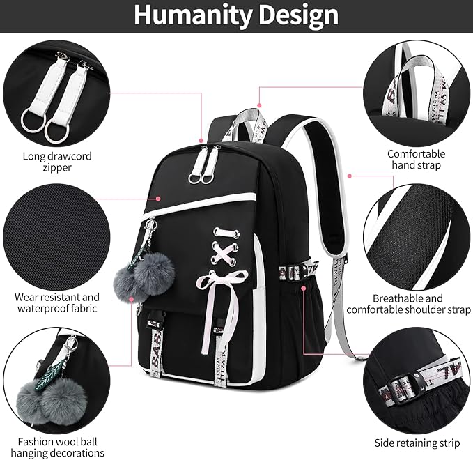Teenage Girls Bookbag School Backpack Children Casual Daypack Schoolbag for Teens Black White