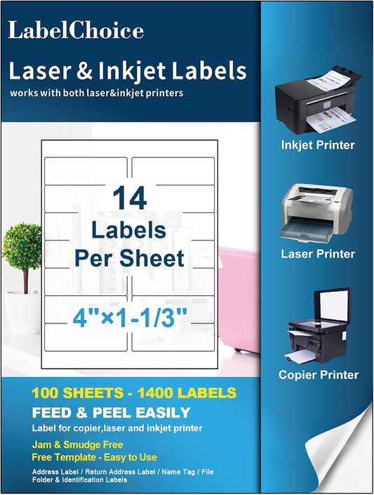 100 Sheets 1400 Labels 4" x1-1/3 14 Up Mailing Address Labels Stickers for Laser & Inkjet Printers, Labelchoice 4" x 1.33" 14 Per Page Strong Adhesive Internet Mailing Shipping Label (1-1/3x4-100P)