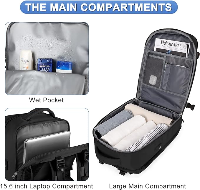 Large Travel Backpack For Women Men Airline Approved Carry On Backpack Flight Approved Waterproof Sports Luggage Backpack Casual Daypack Small Hiking Backpack Black Backpack