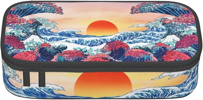 Japanese Ocean Waves Large Pencil Case With Zipper Compartments Stationery Pencil Bag For Kids Teens Students School Supplies