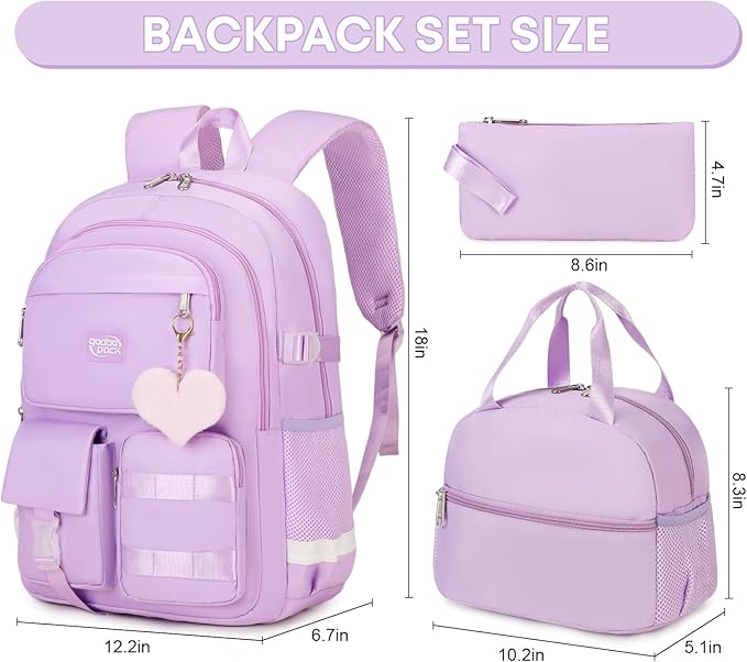 3PCS Student Backpack For School Women College Middle High Teen Girls Bookbag Waterproof Laptop Bag Purple