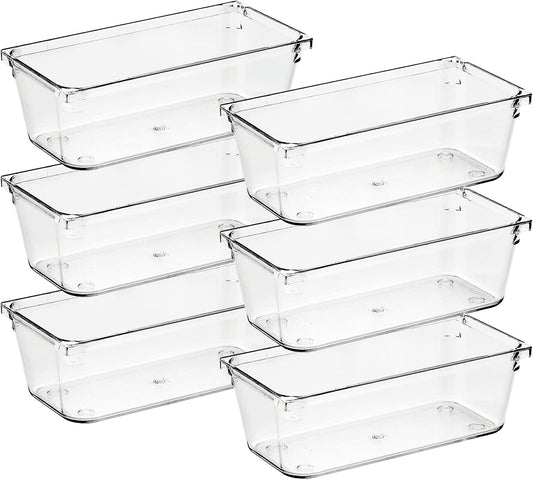 Ravinte 6 Pack Drawer Organizer - 3" X 6" Plastic Storage Bins, Acrylic Organizers with Non-Slip Pads Clear Desk Storage Tray for Makeup, Jewelries, Kitchen Utensils, Bathroom and Office