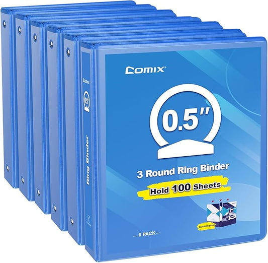 COMIX 3 Ring Binder 1/2 inch with Clear View Cover, 0.5" View Binder Holds 100 Sheets of US Letter Size Paper, 6 Pack (Light Blue)