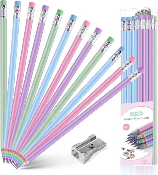 12PCS Eco-friendly Wood & Plastic Free Recycled Rainbow Paper Pencils #2 HB Pencils Number 2 Pencils Erasers Toppers with Pencil Sharpener, Macaron Colored Pencils for School and Office Supplies