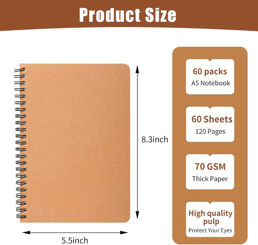 miikoul 60 Packs A5 Spiral Lined Notebooks, Kraft Paper Cover, 8.3"×5.5", 60 Sheets/120 Pages, Ruled Notebooks Bulk, Hardcover Journal Notepad Travel Notebooks for Office and Back to School Supplies