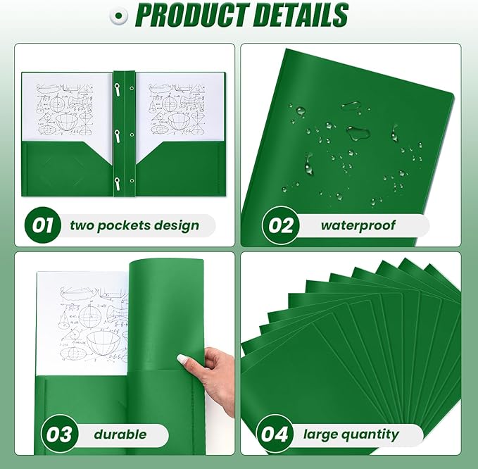 Lincia 100 Pcs Plastic Folders with Pockets and Prong Folders with Prongs 2 Pockets for Office, School for Students, Teachers, Office Workers(Deep Green)