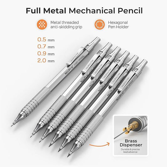 Nicpro 33PCS Metal Mechanical Pencil Set in Leather Case, Art Drafting Pencil 0.3, 0.5, 0.7, 0.9 mm, 2mm Lead Pencil Holders for Sketching Drawing With 18 Tube (6B 4B 2B HB 2H 4H Colors) Lead Refills