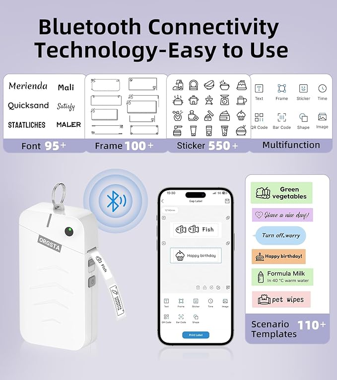 ORGSTA S001 Label Maker Machine with Tape, Portable Bluetooth Label Maker for Home and Office Organization, Thermal Label Printer Mini Sticker Maker with Multiple Templates, White