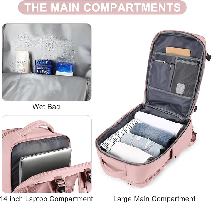 Personal Item Travel Backpack for Women Airline Approved Carry on Backpack Flight Approved Waterproof Sports Luggage Backpack Casual Daypack Small Hiking Backpack Pink Backpack