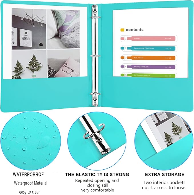 3 Ring Binders,1” Round Ring, Holds 8.5 * 11inch Papers, with 2 Pockets,6 Colors Binder Assorted Pack