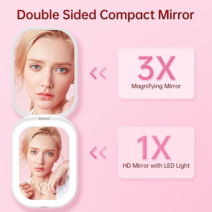 Benbilry Lighted Compact Travel Mirror with 3 Color Lights, 1X/3X Magnifying Ultra Slim Rechargeable Pocket Mirror for Purse, 2-Sided, Handheld, Folding, Portable, White