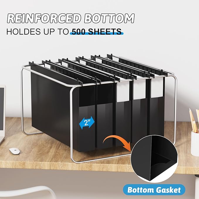 Plastic Extra Capacity Legal Size Hanging File Folders,12 Pack Reinforced Black Legal Hanging Folder Expandable,Heavy Duty 2 Inch Expansion,Adjustable Tabs, File Cabinet Folders for Bulky Files