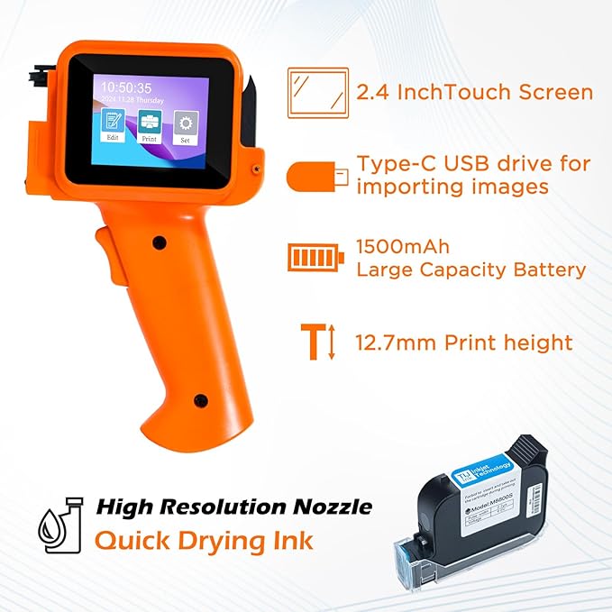 Handheld Inkjet Printer with 42ml Quick-Drying Ink Cartridge, 0.5 Inch Nozzle Ink Jet Coding Machine for EXP Date/Batch Number/QR Code/Barcode/Logo/Text (ZM-C12mini) (Orange)