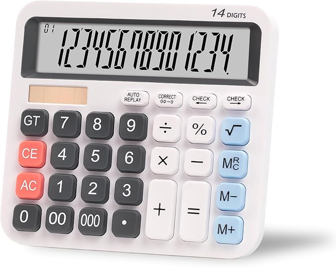 Standard Desktop Calculator, Dual Power (Solar & AA Battery), 14-Digit Large Display, Multifunctional Office Calculator (White)