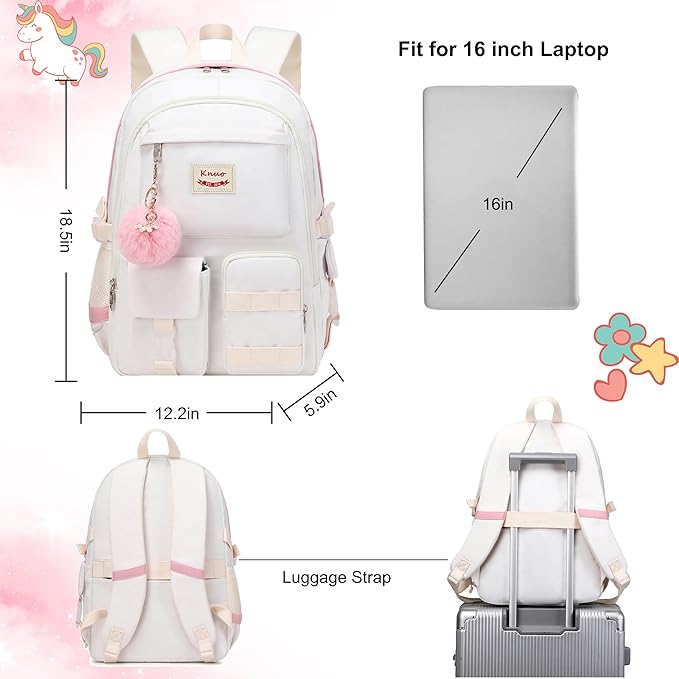 Girls Backpack,15.6 Inch Laptop School Bag Large Primary Elementary Middle College Bookbags Kids Backpacks for Teens Girls Women Students Anti Theft Travel Daypack (Off white)