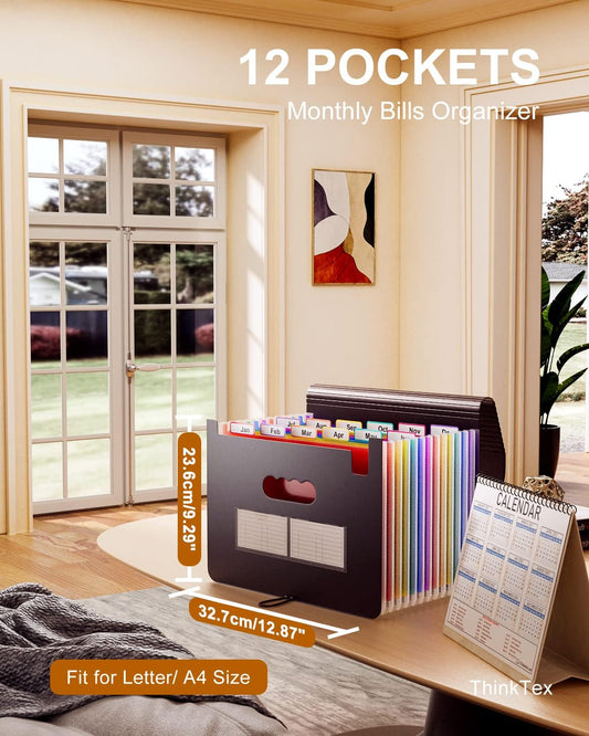ThinkTex Accordion File Organizer, 12 Pockets Monthly Bill Receipt Organizer, Portable Expanding File Folders, Multi-Color Tabs, Letter/A4 Size - 3 Packs