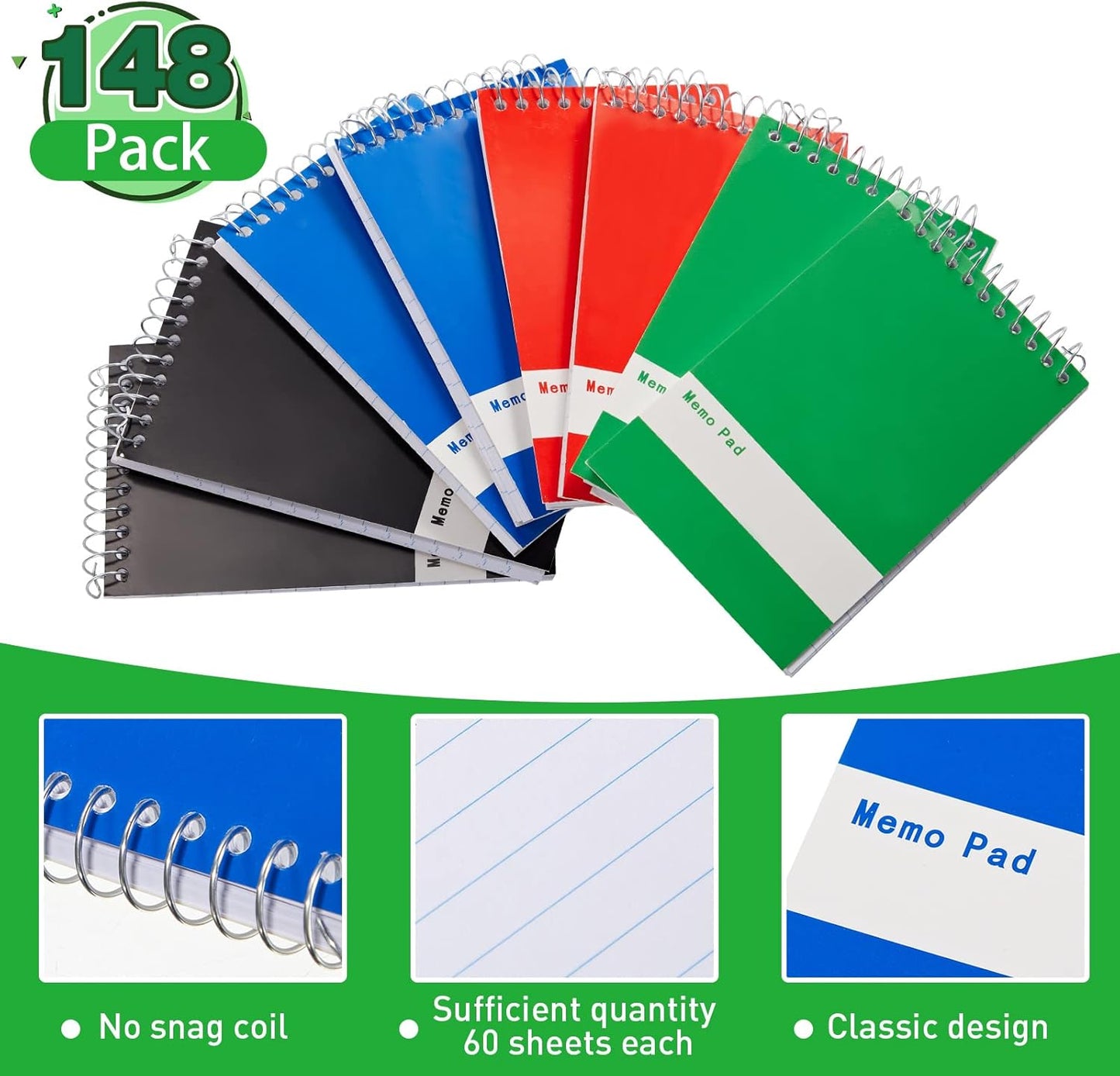 Thenshop 148 Pads Spiral Memo Bulk 3'' x 5'' Top Bound Memo Book 60 Sheets Small Mini Notebooks Lined Wire Bound Pocket Steno Book for Home, Office, School (Black,Green,Dark Blue,Red)