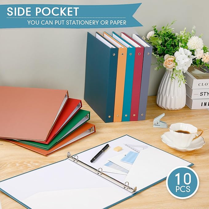 Ctosree 10 Pack Colored 3 Ring Binder with 2 Pockets Hardcover Loose Leaf Binder for Women Men Teacher Student School Office Home Supplies, Fits 11 x 8.5 Size Paper, 10 Colors(0.5",Business Color)