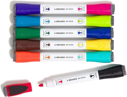 U Brands Fine Tip Dry Erase Markers with Eraser, Magnetic Double Ended Whiteboard Markers, Low Odor, Assorted Bright Colors, Set of 6