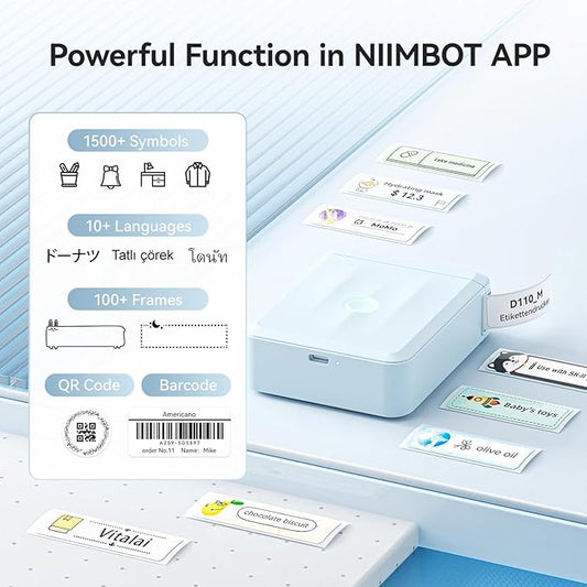 NIIMBOT D110 New Version Label Maker Machine with Tape, Handheld Bluetooth Label Printer, Mini Thermal Printer, Sticker Maker for Organizing Home Kitchen School, Blue
