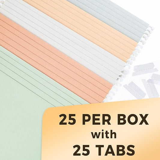 SUNEE 25 Count Hanging File Folders, Pastel Colors, Hanging File Folders Letter Size, Hanging Folders with 1/5-cut Tabs, Designed for Bulky Files, Filing Cabinets, Medical Charts