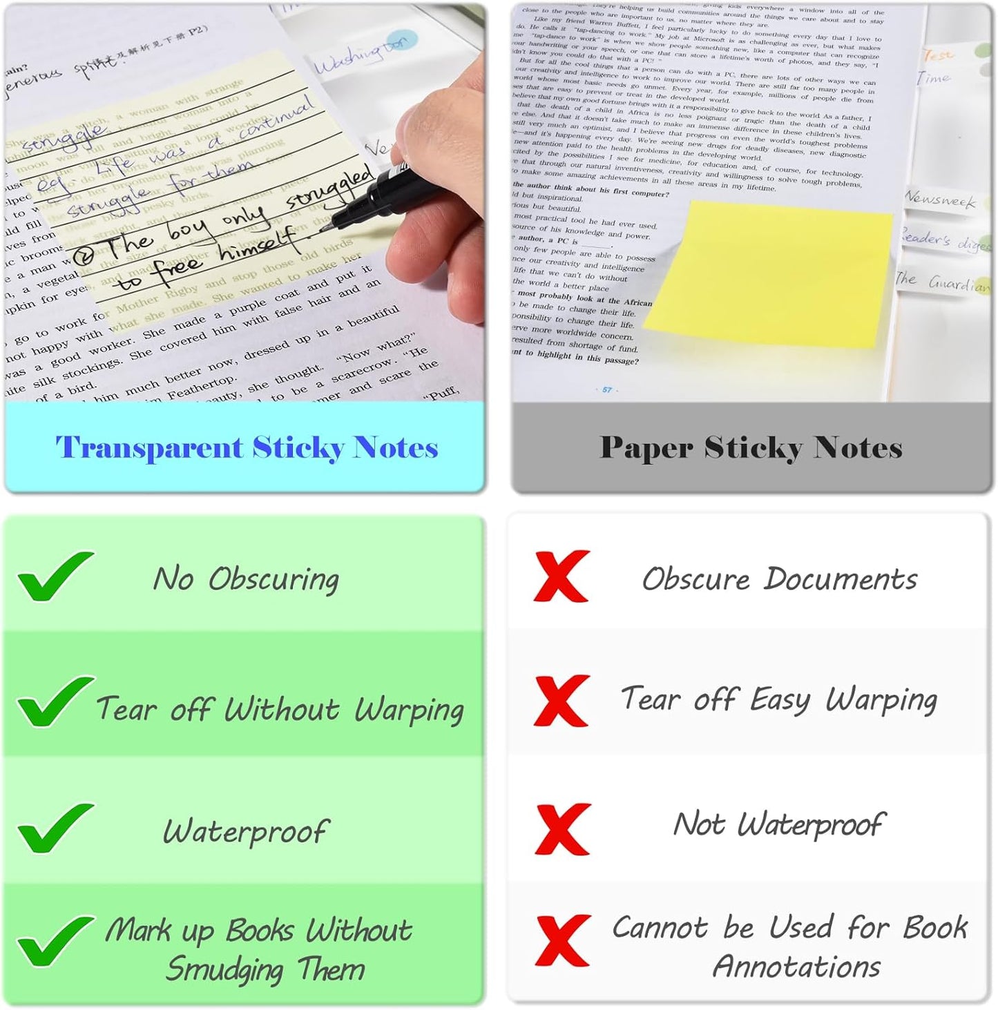 BAYTORY 1600 Sheets Transparent Sticky Notes with Lined, Clear Waterproof 3 x 3 inch See Through Memo Pad, Self-Adhesive Translucent Writable Index Tabs for Annotating Books