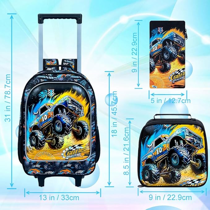 3PCS Truck Rolling Backpack for Boys, Kids Roller Bookbag with Wheels, Car Wheeled School Backpack for Elementary Preschool Kindergarten(Black)