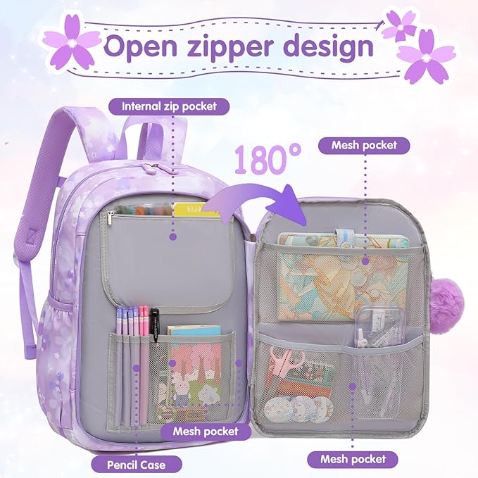 Lovely Girls Backpack School Bag for Students Kids Book Bag with Multiple Pockets Splash-proof Children's Backpack（17inch Set Purple）