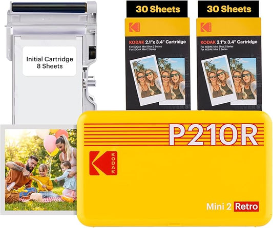 KODAK Mini 2 Retro 4PASS Portable Photo Printer (2.1x3.4 inches) Initial 8 Sheets + 60 Sheets Bundle, Yellow